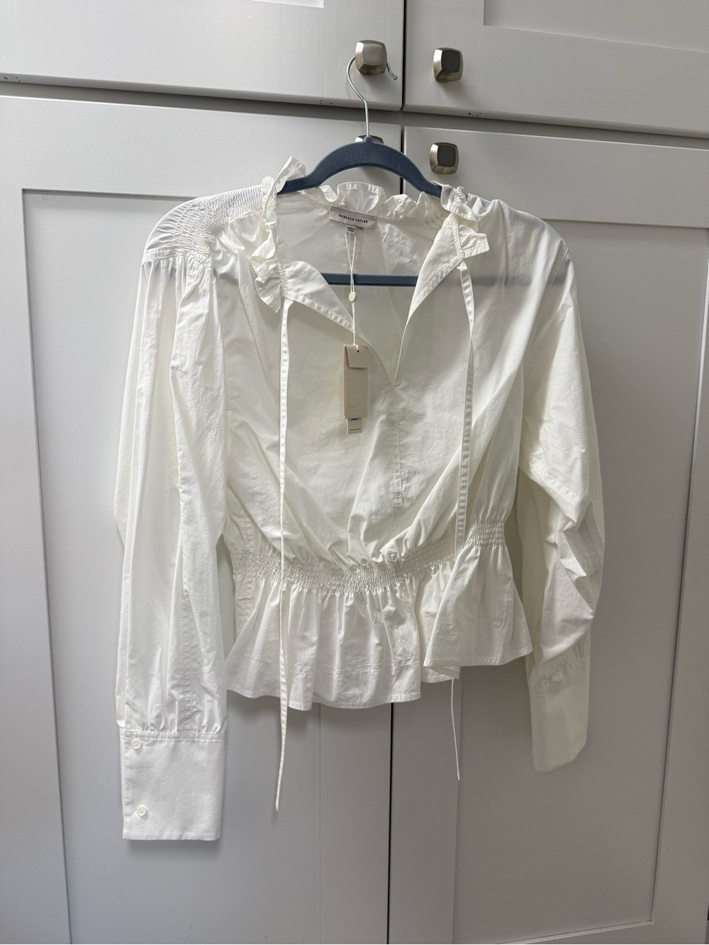 Rebecca Taylor White Ruffle Tie-Neck Peplum Blouse